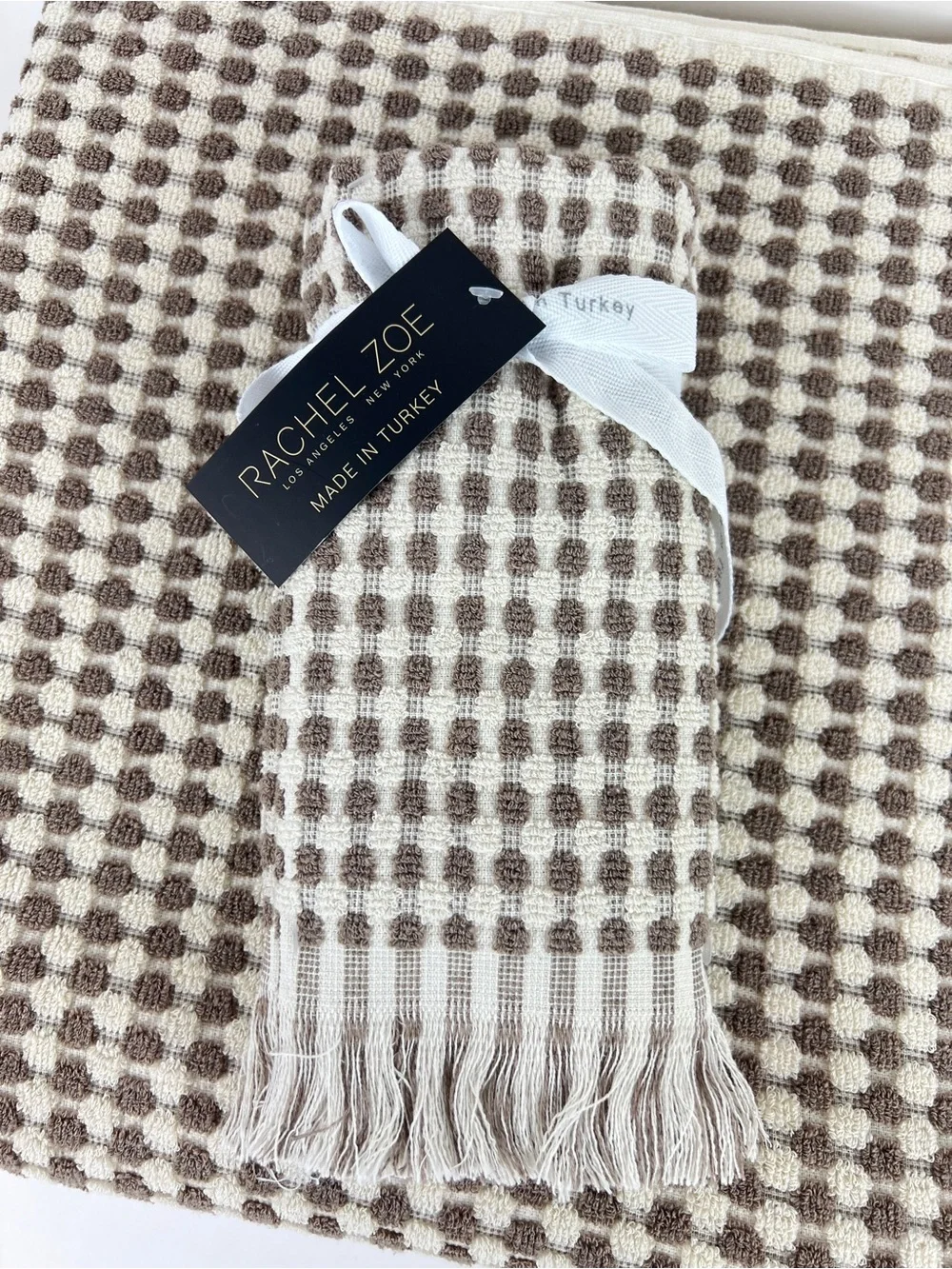Rachel Zoe Bath Towel Set Brown & Cream Waffle Weave Soft Cotton 6 Pc Set NEW